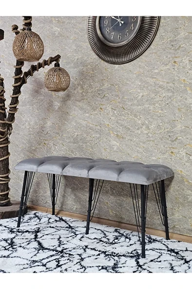 Metal Siyah Tel Ayaklı 100 cm Puf Bench - Puf - Bench - Oturak - Mutfak Oturağı - Antre Oturağı Gri Renk 100 x 40 Boyut/Ebat ürün görseli