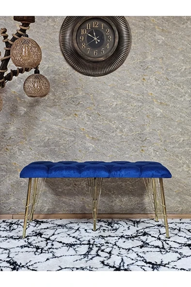 Metal Gold Tel Ayaklı 100 cm Puf Bench - Puf - Bench - Oturak - Mutfak Oturağı - Antre Oturağı Mavi Renk 100 x 40 Boyut/Ebat - Resim 2