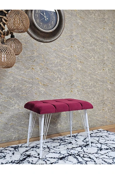 Metal Beyaz Tel Ayaklı 60 cm Puf Bench - Puf - Bench - Oturak - Mutfak Oturağı - Antre Oturağı Bordo Renk 60 x 40 Boyut/Ebat - Resim 3
