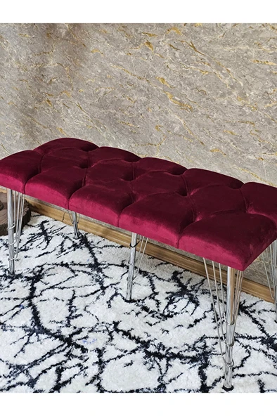 Metal Krom Tel Ayaklı 100 cm Puf Bench - Puf - Bench - Oturak - Mutfak Oturağı - Antre Oturağı Bordo Renk 100 x 40 Boyut/Ebat - Resim 4