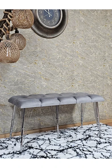 Metal Krom Tel Ayaklı 100 cm Puf Bench - Puf - Bench - Oturak - Mutfak Oturağı - Antre Oturağı Gri Renk 100 x 40 Boyut/Ebat - Resim 3