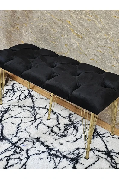 Metal Gold Tel Ayaklı 100 cm Puf Bench - Puf - Bench - Oturak - Mutfak Oturağı - Antre Oturağı Siyah Renk 100 x 40 Boyut/Ebat - Resim 4