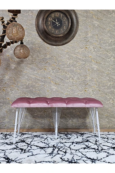Metal Beyaz Tel Ayaklı 100 cm Puf Bench - Puf - Bench - Oturak - Mutfak Oturağı - Antre Oturağı Pembe Renk 100 x 40 Boyut/Ebat - Resim 2
