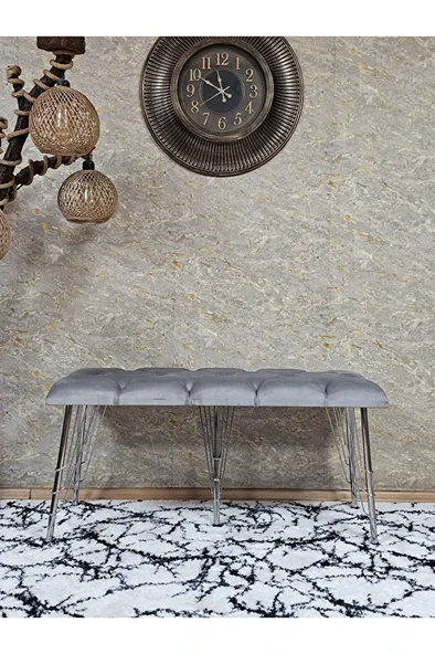 Metal Krom Tel Ayaklı 100 cm Puf Bench - Puf - Bench - Oturak - Mutfak Oturağı - Antre Oturağı Gri Renk 100 x 40 Boyut/Ebat - Resim 2