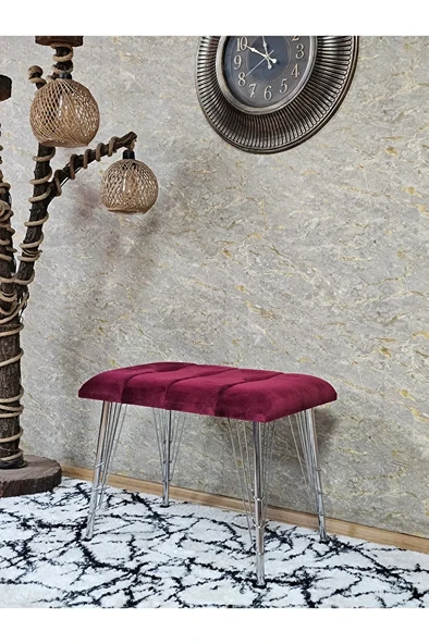 Metal Krom Tel Ayaklı 60 cm Puf Bench - Puf - Bench - Oturak - Mutfak Oturağı - Antre Oturağı Bordo Renk 60 x 40 Boyut/Ebat ürün görseli