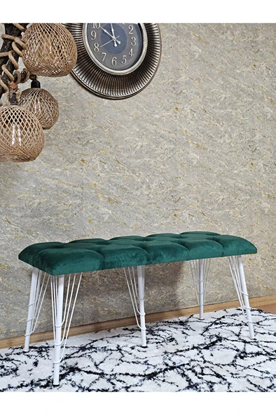 Metal Beyaz Tel Ayaklı 100 cm Puf Bench - Puf - Bench - Oturak - Mutfak Oturağı - Antre Oturağı Yeşil Renk 100 x 40 Boyut/Ebat - Resim 3