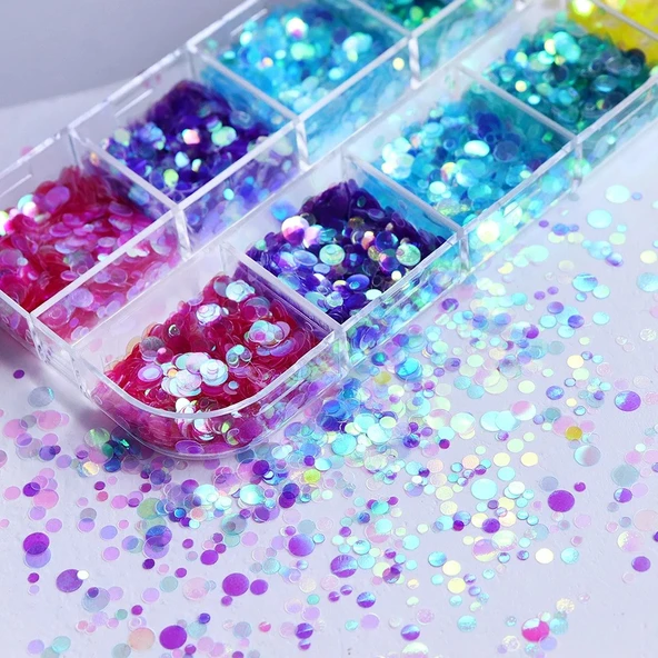 Holografik Yuvarlak Tırnak Süsleme Folyo Pulları Renkli Nail Art - Resim 2