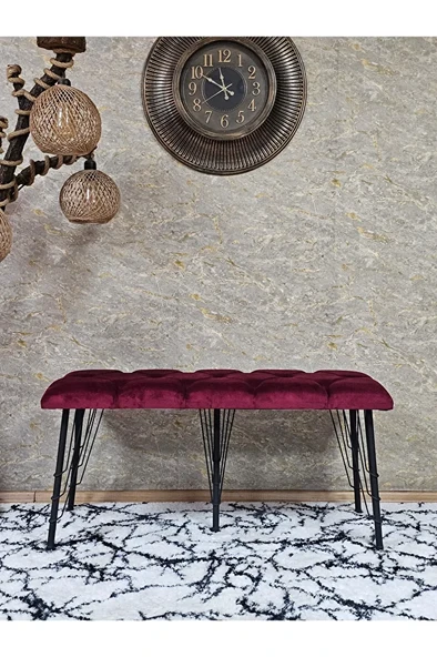 Metal Siyah Tel Ayaklı 100 cm Puf Bench - Puf - Bench - Oturak - Mutfak Oturağı - Antre Oturağı Bordo Renk 100 x 40 Boyut/Ebat - Resim 2