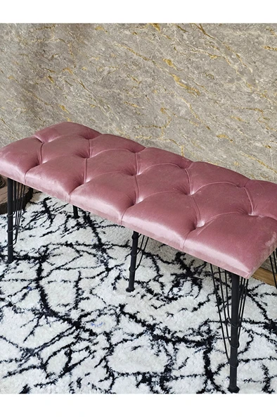 Metal Siyah Tel Ayaklı 100 cm Puf Bench - Puf - Bench - Oturak - Mutfak Oturağı - Antre Oturağı Pembe Renk 100 x 40 Boyut/Ebat - Resim 4