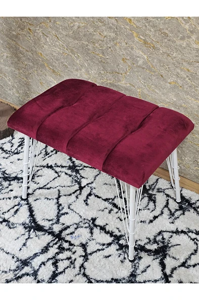 Metal Beyaz Tel Ayaklı 60 cm Puf Bench - Puf - Bench - Oturak - Mutfak Oturağı - Antre Oturağı Bordo Renk 60 x 40 Boyut/Ebat - Resim 4