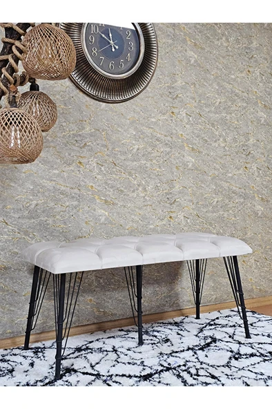 Metal Siyah Tel Ayaklı 100 cm Puf Bench - Puf - Bench - Oturak - Mutfak Oturağı - Antre Oturağı Krem Renk 100 x 40 Boyut/Ebat - Resim 3