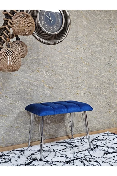 Metal Krom Tel Ayaklı 60 cm Puf Bench - Puf - Bench - Oturak - Mutfak Oturağı - Antre Oturağı Mavi Renk 60 x 40 Boyut/Ebat - 3