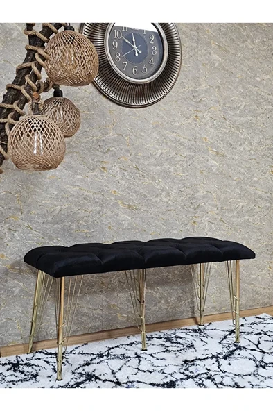 Metal Gold Tel Ayaklı 100 cm Puf Bench - Puf - Bench - Oturak - Mutfak Oturağı - Antre Oturağı Siyah Renk 100 x 40 Boyut/Ebat - Resim 3