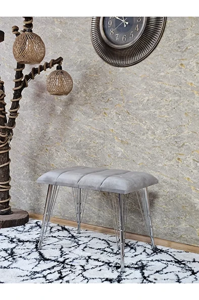 Metal Krom Tel Ayaklı 60 cm Puf Bench - Puf - Bench - Oturak - Mutfak Oturağı - Antre Oturağı Gri Renk 60 x 40 Boyut/Ebat ürün görseli
