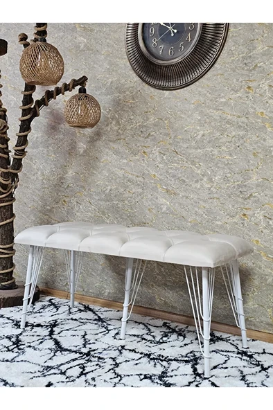 Metal Beyaz Tel Ayaklı 100 cm Puf Bench - Puf - Bench - Oturak - Mutfak Oturağı - Antre Oturağı Krem Renk 100 x 40 Boyut/Ebat ürün görseli