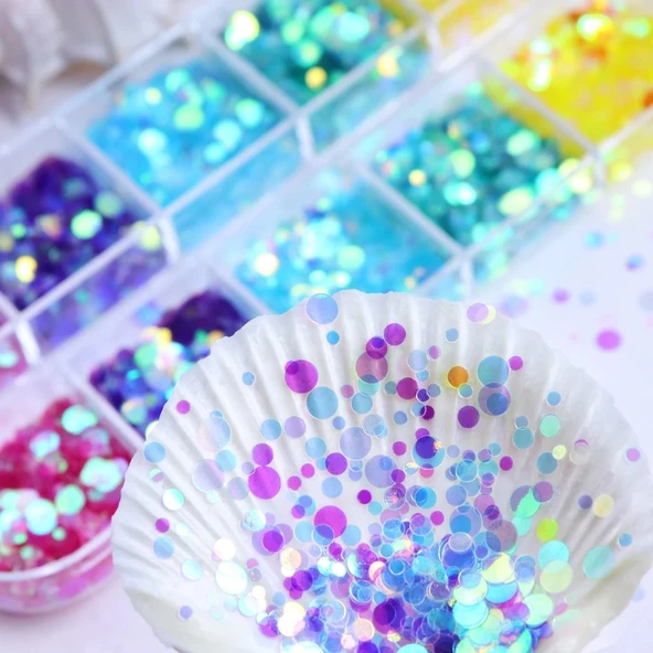Holografik Yuvarlak Tırnak Süsleme Folyo Pulları Renkli Nail Art - Resim 3