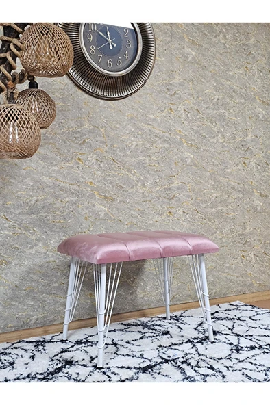 Metal Beyaz Tel Ayaklı 60 cm Puf Bench - Puf - Bench - Oturak - Mutfak Oturağı - Antre Oturağı Pembe Renk 60 x 40 Boyut/Ebat - Resim 3