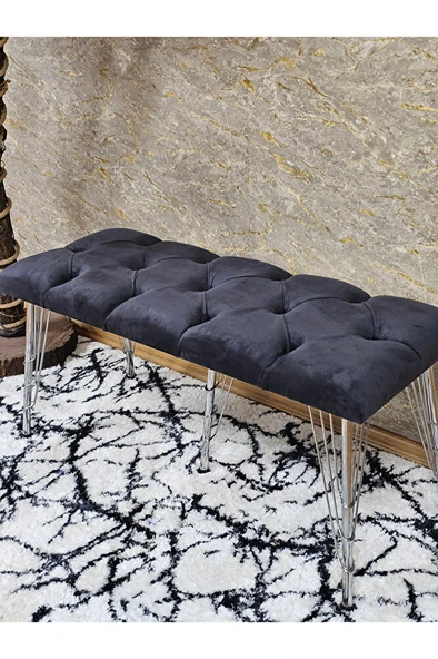 Metal Krom Tel Ayaklı 100 cm Puf Bench - Puf - Bench - Oturak - Mutfak Oturağı - Antre Oturağı Füme Renk 100 x 40 Boyut/Ebat - Resim 4