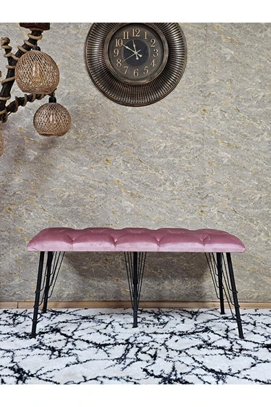 Metal Siyah Tel Ayaklı 100 cm Puf Bench - Puf - Bench - Oturak - Mutfak Oturağı - Antre Oturağı Pembe Renk 100 x 40 Boyut/Ebat - Resim 2