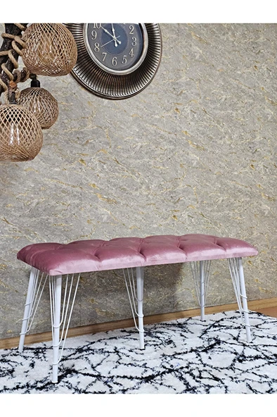 Metal Beyaz Tel Ayaklı 100 cm Puf Bench - Puf - Bench - Oturak - Mutfak Oturağı - Antre Oturağı Pembe Renk 100 x 40 Boyut/Ebat - Resim 3