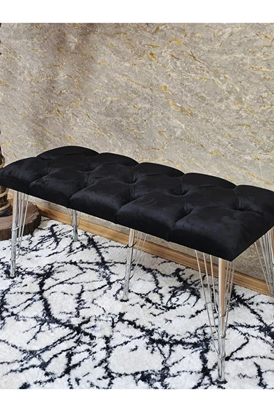 Metal Krom Tel Ayaklı 100 cm Puf Bench - Puf - Bench - Oturak - Mutfak Oturağı - Antre Oturağı Siyah Renk 100 x 40 Boyut/Ebat - Resim 4