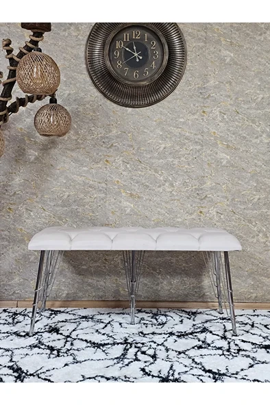 Metal Krom Tel Ayaklı 100 cm Puf Bench - Puf - Bench - Oturak - Mutfak Oturağı - Antre Oturağı Krem Renk 100 x 40 Boyut/Ebat - Resim 2