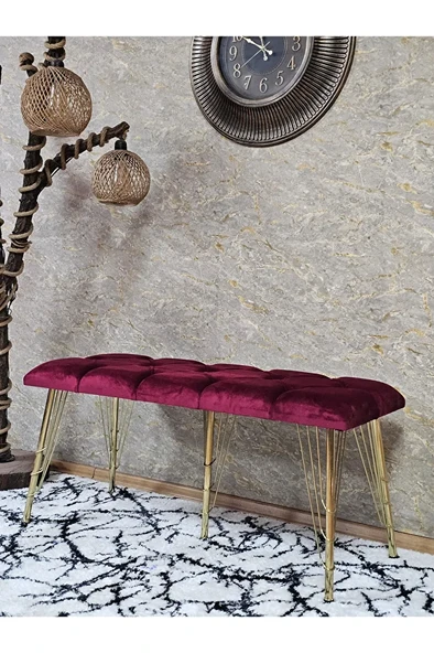 Metal Gold Tel Ayaklı 100 cm Puf Bench - Puf - Bench - Oturak - Mutfak Oturağı - Antre Oturağı Bordo Renk 100 x 40 Boyut/Ebat ürün görseli 1