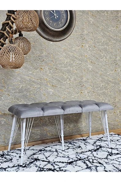 Metal Beyaz Tel Ayaklı 100 cm Puf Bench - Puf - Bench - Oturak - Mutfak Oturağı - Antre Oturağı Gri Renk 100 x 40 Boyut/Ebat - Resim 3