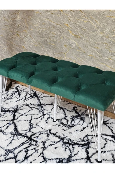 Metal Beyaz Tel Ayaklı 100 cm Puf Bench - Puf - Bench - Oturak - Mutfak Oturağı - Antre Oturağı Yeşil Renk 100 x 40 Boyut/Ebat - Resim 4
