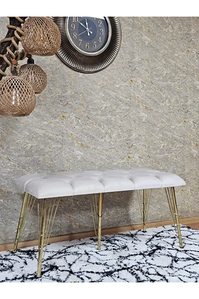Metal Gold Tel Ayaklı 100 cm Puf Bench - Puf - Bench - Oturak - Mutfak Oturağı - Antre Oturağı Krem Renk 100 x 40 Boyut/Ebat - 3