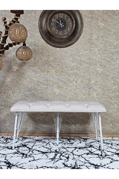 Metal Beyaz Tel Ayaklı 100 cm Puf Bench - Puf - Bench - Oturak - Mutfak Oturağı - Antre Oturağı Krem Renk 100 x 40 Boyut/Ebat - Resim 2