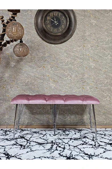 Metal Krom Tel Ayaklı 100 cm Puf Bench - Puf - Bench - Oturak - Mutfak Oturağı - Antre Oturağı Pembe Renk 100 x 40 Boyut/Ebat - 2