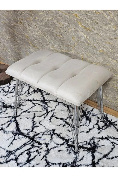 Metal Krom Tel Ayaklı 60 cm Puf Bench - Puf - Bench - Oturak - Mutfak Oturağı - Antre Oturağı Krem Renk 60 x 40 Boyut/Ebat - Resim 4