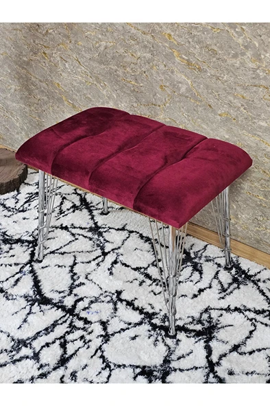 Metal Krom Tel Ayaklı 60 cm Puf Bench - Puf - Bench - Oturak - Mutfak Oturağı - Antre Oturağı Bordo Renk 60 x 40 Boyut/Ebat - Resim 4