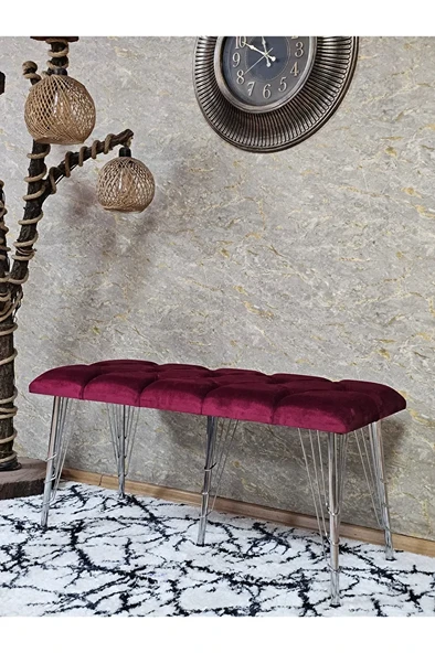 Metal Krom Tel Ayaklı 100 cm Puf Bench - Puf - Bench - Oturak - Mutfak Oturağı - Antre Oturağı Bordo Renk 100 x 40 Boyut/Ebat ürün görseli