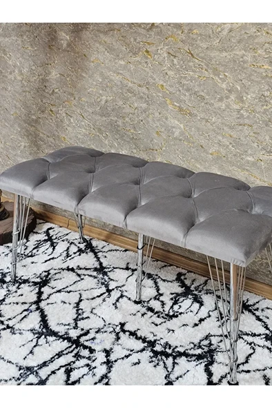 Metal Krom Tel Ayaklı 100 cm Puf Bench - Puf - Bench - Oturak - Mutfak Oturağı - Antre Oturağı Gri Renk 100 x 40 Boyut/Ebat - Resim 4
