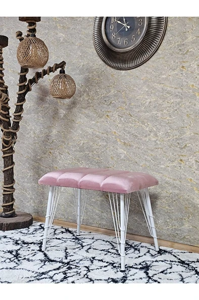 Metal Beyaz Tel Ayaklı 60 cm Puf Bench - Puf - Bench - Oturak - Mutfak Oturağı - Antre Oturağı Pembe Renk 60 x 40 Boyut/Ebat ürün görseli 1