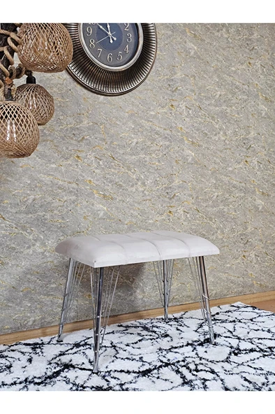 Metal Krom Tel Ayaklı 60 cm Puf Bench - Puf - Bench - Oturak - Mutfak Oturağı - Antre Oturağı Krem Renk 60 x 40 Boyut/Ebat - Resim 3