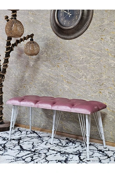 Metal Beyaz Tel Ayaklı 100 cm Puf Bench - Puf - Bench - Oturak - Mutfak Oturağı - Antre Oturağı Pembe Renk 100 x 40 Boyut/Ebat ürün görseli 1