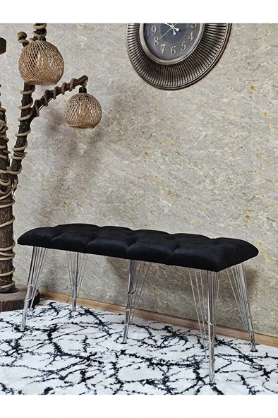 Metal Krom Tel Ayaklı 100 cm Puf Bench - Puf - Bench - Oturak - Mutfak Oturağı - Antre Oturağı Siyah Renk 100 x 40 Boyut/Ebat ürün görseli