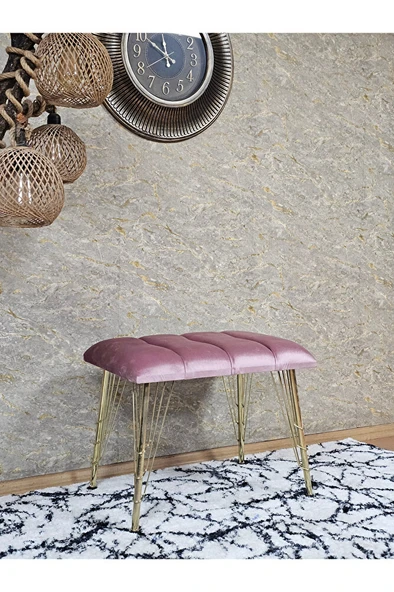 Metal Gold Tel Ayaklı 60 cm Puf Bench - Puf - Bench - Oturak - Mutfak Oturağı - Antre Oturağı Pembe Renk 60 x 40 Boyut/Ebat - Resim 3