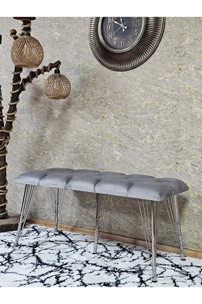 Metal Krom Tel Ayaklı 100 cm Puf Bench - Puf - Bench - Oturak - Mutfak Oturağı - Antre Oturağı Gri Renk 100 x 40 Boyut/Ebat ürün görseli