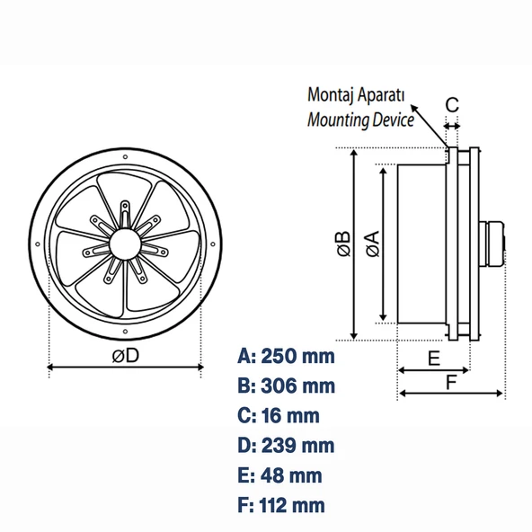 Baca Tipi Aspiratör Sessiz 250 mm Havalandırma Fan Ev ve Sanayi Tipi Güçlü Hava Emişli Koku Giderici - Resim 2
