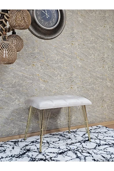 Metal Gold Tel Ayaklı 60 cm Puf Bench - Puf - Bench - Oturak - Mutfak Oturağı - Antre Oturağı Krem Renk 60 x 40 Boyut/Ebat - 3