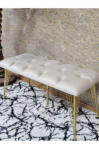 Metal Gold Tel Ayaklı 100 cm Puf Bench - Puf - Bench - Oturak - Mutfak Oturağı - Antre Oturağı Krem Renk 100 x 40 Boyut/Ebat - 4
