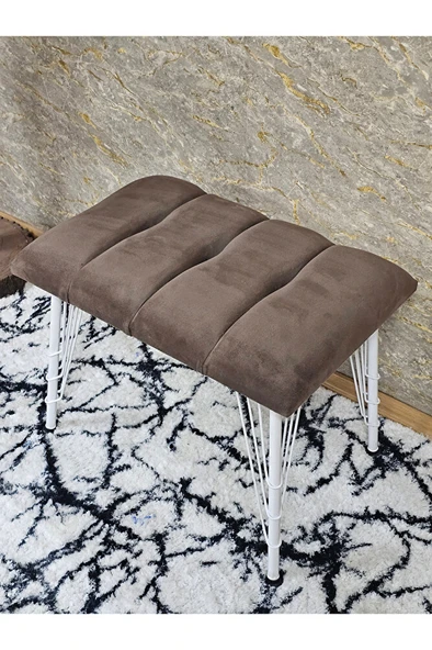 Metal Beyaz Tel Ayaklı 60 cm Puf Bench - Puf - Bench - Oturak - Mutfak Oturağı - Antre Oturağı Kahverengi Renk 60 x 40 Boyut/Ebat - Resim 4