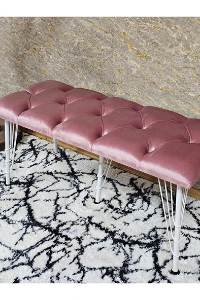 Metal Beyaz Tel Ayaklı 100 cm Puf Bench - Puf - Bench - Oturak - Mutfak Oturağı - Antre Oturağı Pembe Renk 100 x 40 Boyut/Ebat - Resim 4