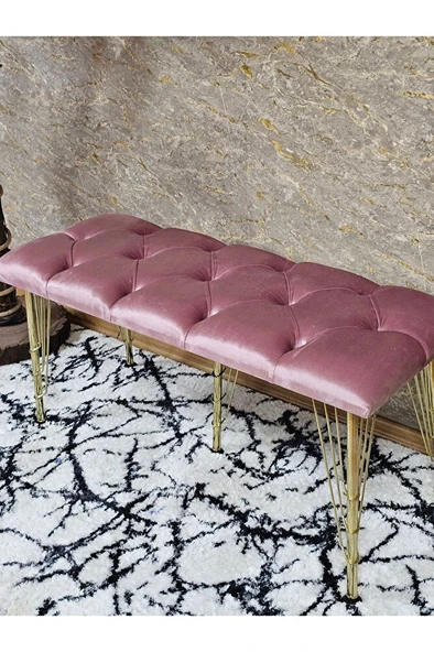 Metal Gold Tel Ayaklı 100 cm Puf Bench - Puf - Bench - Oturak - Mutfak Oturağı - Antre Oturağı Pembe Renk 100 x 40 Boyut/Ebat - Resim 4