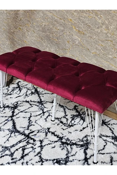 Metal Beyaz Tel Ayaklı 100 cm Puf Bench - Puf - Bench - Oturak - Mutfak Oturağı - Antre Oturağı Bordo Renk 100 x 40 Boyut/Ebat - Resim 4
