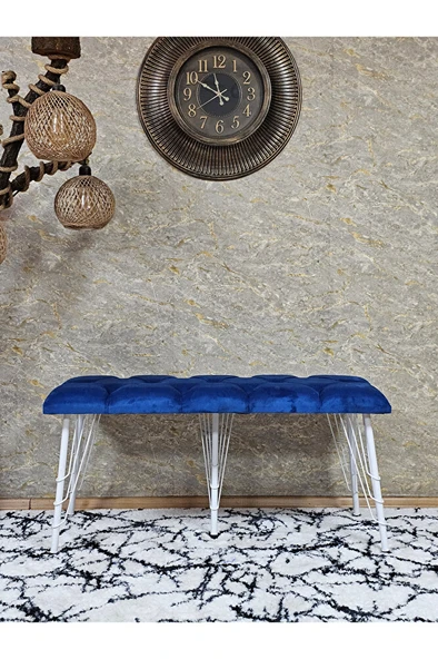 Metal Beyaz Tel Ayaklı 100 cm Puf Bench - Puf - Bench - Oturak - Mutfak Oturağı - Antre Oturağı Mavi Renk 100 x 40 Boyut/Ebat - Resim 2